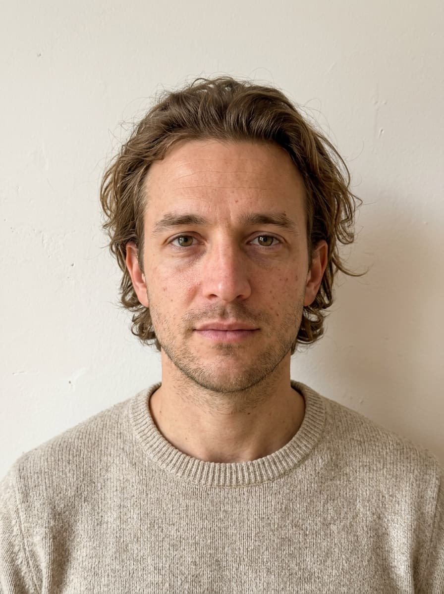 An AI-generated portrait of a person who does not exist, with the facial thirds, midline and landmark points from its scan drawn on it